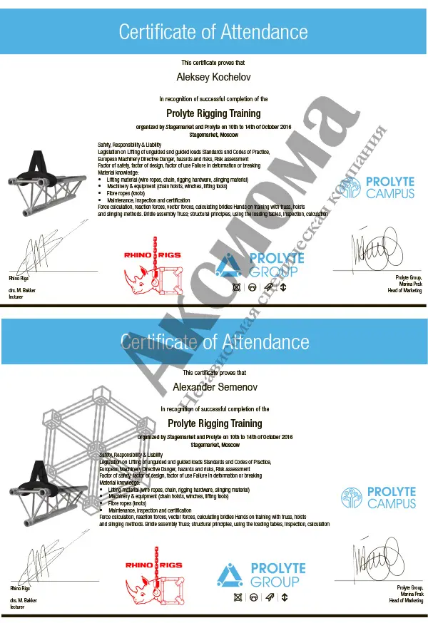 Сертификат - Prolyte Rigging Training